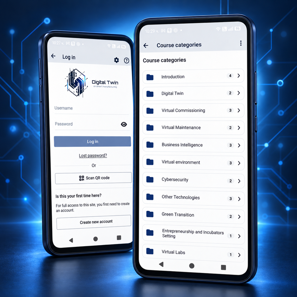 Digital Twin EU mobile app showing the login screen and course categories on two smartphones.